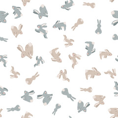 Seamless pattern with rabbits. Hare, Easter, spring, flowers. Childish cute print. Vector graphics.