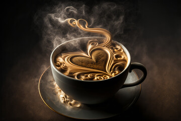Enjoy real traditional coffee with this image of a black coffee cup, embellished with a designer heart on the surface. Romantic image for graphic or emotional use. Generative AI