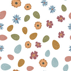 Seamless pattern with Easter eggs and flowers. Flowers, eggs, easter, spring. Textile, print, spring festival.