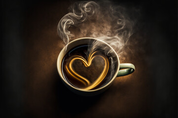 A richly flavored cup of black coffee decorated with a pretty heart. This image is perfect for illustrating the love for traditional coffee and evoking emotions. Generative AI