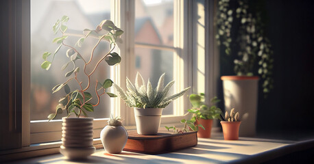 Plant on the window with spring sunlight - 572968628