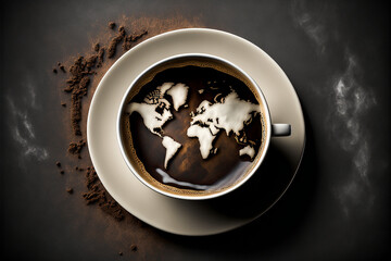 A cup of deep black coffee served on a world map, to travel through the world of coffees from around the globe and discover their unique flavors. Generative AI - obrazy, fototapety, plakaty
