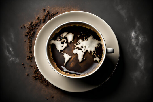 A cup of deep black coffee served on a world map, to travel through the world of coffees from around the globe and discover their unique flavors. Generative AI