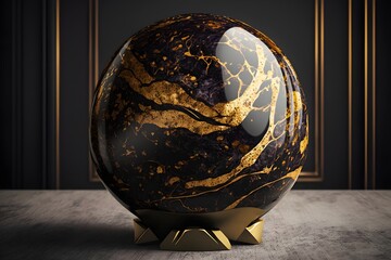 A decorative sphere of black and gold marble