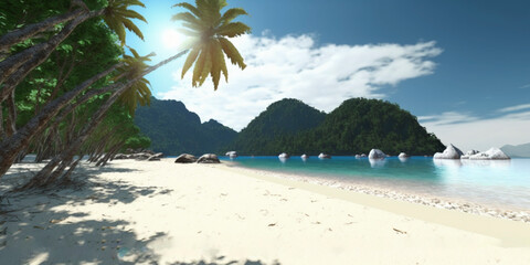 Fototapeta na wymiar realistic landscape, white beach with calm sea, high bright sun. Generative AI
