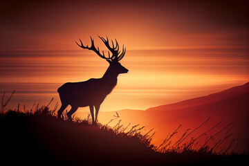 Silhouette of a deer with big antlers on a hill. AI generated