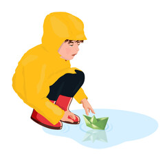 illustration of a boy who is sitting playing with a paper boat in a puddle