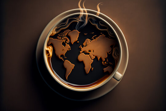 An intense, dark coffee served in a cup with a world map, ideal for exploring international coffees and their characteristics. Generative AI