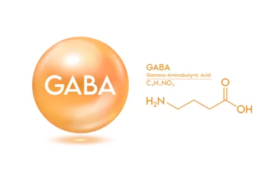 Foto op Aluminium GABA Gamma-Aminobutyric Acid and structural chemical formula. Molecule model orange isolated on white background. Medical scientific concept. 3D Vector EPS10 illustration. © Adisak