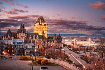 Quebec City Canada sunset view with historic Château Frontenac and old architecture in view - 572969267