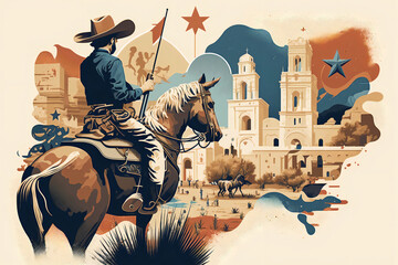 A vibrant digital illustration of Texas, featuring a cowboy on horseback in front of a large lone star, with iconic Texan landmarks and symbols scattered throughout the image. Generative AI - obrazy, fototapety, plakaty