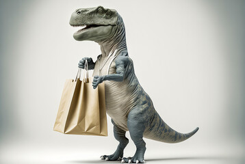 Tyrannosaurus rex shopping in a mall holding a bag. White background. Perfect for giant promotions or kid-friendly exhibitions. Generative AI