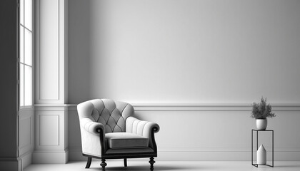 Empty wall interior with armchair very clean white background created with Generative AI technology