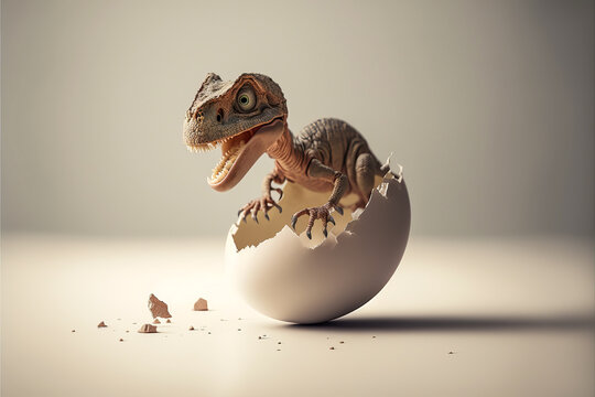 A young dinosaur that has just come out of its egg breaks the silence of the birth, in a white setting. A symbolic image of a baby theropod. Generative AI
