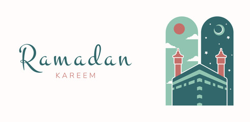 Islamic greeting card with Kaaba and inscription in Arabic Ramadan Kareem. Vector holiday illustration in green colors for greeting card, poster and banner.