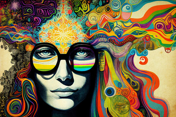 Fototapeta na wymiar A fantastic portrait of a hippie woman with glasses. Psychedelic Poster. Interior, wall art. Modern graphics and painting. Fashionable illustration. Generative AI.