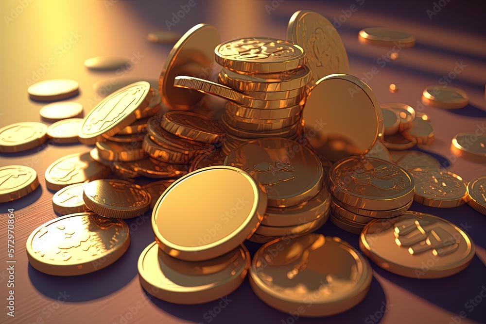 Poster image of sparkling gold coins and bars up close generative ai