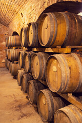 Wine cellars with barrels in Rakvice, Southern Moravia, Czech Republic