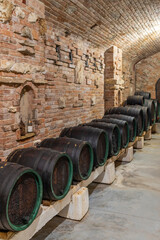Wine cellars with barrels in Rakvice, Southern Moravia, Czech Republic