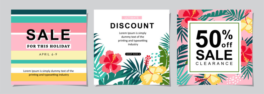Set for square web banner for social media post design template. summer sale promotion. discount backgrounds with tropical pattern. mobile apps advertising. 
