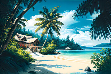 Fototapeta na wymiar Escape to Paradise a tropical paradise, with clear blue waters, white sandy beaches, and lush greenery, inviting to relax and escape from the stress of daily life. Generative AI