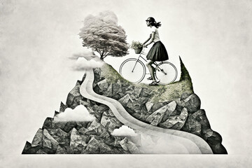 Woman cycling up a hill, generative ai