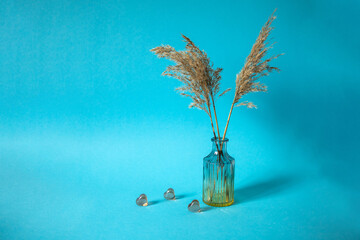 Glass vase with dry twigs of fluffy reed on blue background. Still life. Glass hearts. Decor