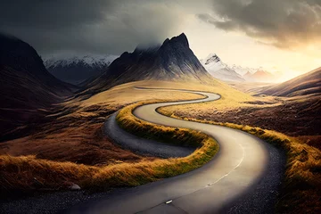 Foto op Canvas "Embrace the Journey": This inspiring winding road stretching into the distance, reminding you to embrace the journey of life and enjoy every step along the way. Generative AI © Alex