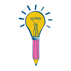 Creative idea concept. Bright glowing light bulb. Innovation, solution. Success in education, work project. Vector illustration sketch style. Cartoon design.