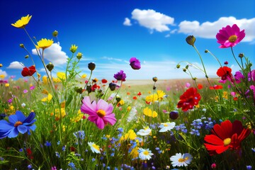 Colorful Flower Meadow In Spring. Generative AI