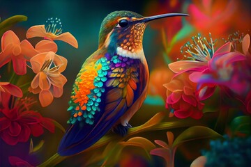 Colorful Hummingbird On Top Of Beautiful Flowers. Generative AI