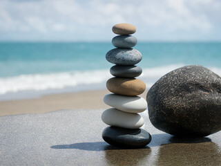 Fototapeta na wymiar A stack of rocks and pebbles on a tropical beach, generative ai
