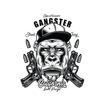 Original monochrome vector illustration. Angry gorilla in a baseball cap, on the background of two guns. T-shirt or sticker design.