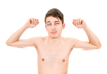 Skinny Young Man Muscle Flexing - obrazy, fototapety, plakaty