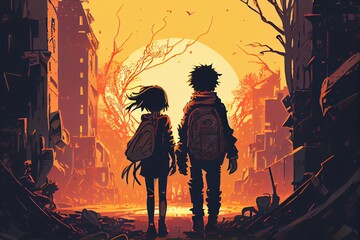Obraz na płótnie Canvas Illustration Of A Boy And A Girl Holding Hands. Walking In A Destroyed City. They Are Looking At The Bright Sun. Hoping For A Brighter Future. Generative AI