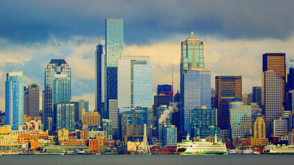 Fototapeta na wymiar Port of Seattle. Skyscrapers on a background of blue sky.
