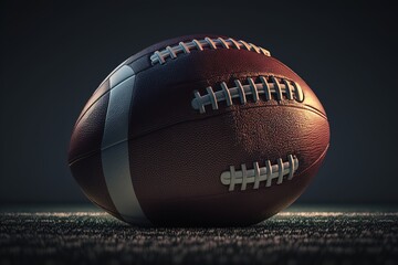 Close up image of American Football ball on the field. Generative AI