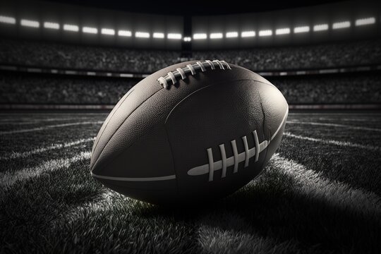Close up image of American Football ball in front of stadium. Generative AI