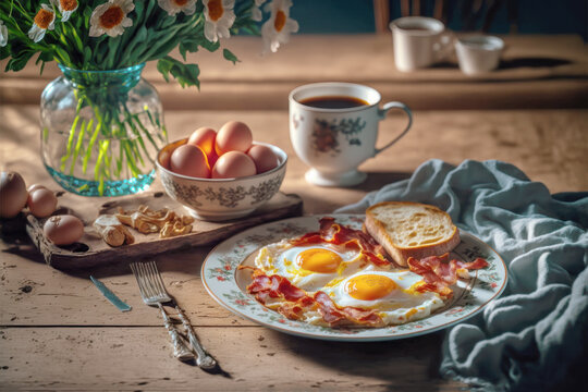 Traditional English breakfast with fried eggs and bacon - Generative AI