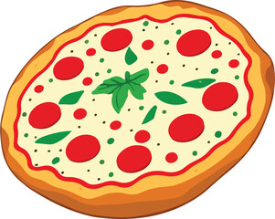 Delicious Pizza with Tomato and Mozzarella. Vector Illustration.