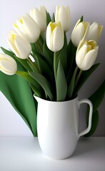 Beautiful white tulips on a light background with copy space.  Generated AI. 