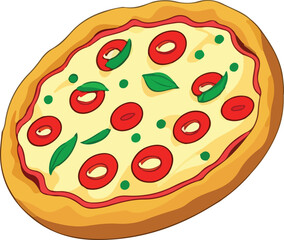 Delicious Pizza with Tomato and Mozzarella. Vector Illustration.