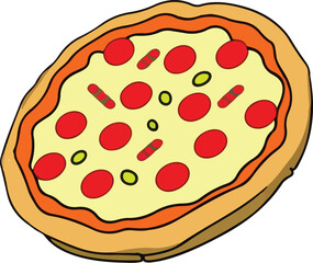 Delicious Pizza with Tomato and Mozzarella. Vector Illustration.