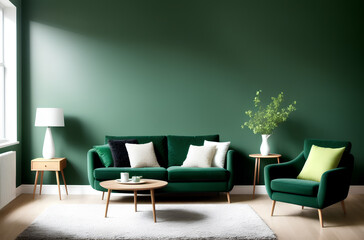 Empty green wall in living room interior in minimal house. Lamp and plant. White pillow. Coffee table. Generative AI