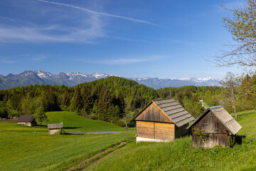 Typical wooden log cabins in Gorjuse, Triglavski national park, Slovenia