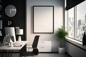 Office room background with mock up poster frame. Generative Ai