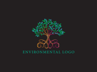 mangroves tree logo on black background, decorative hand drawing art
