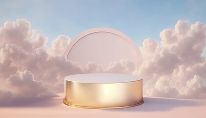 luxury gold podium product advertising stage background platform promotion with clouds around it