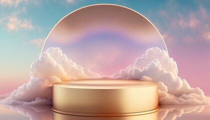 gold podium product advertising stage or stand background platform with clouds around it