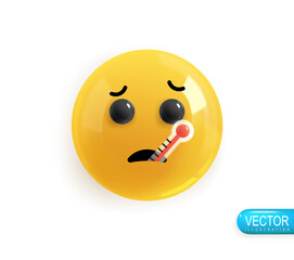 Emoji face sick holding a thermometer. Realistic 3d design. Emoticon yellow glossy color. Icon in plastic cartoon style isolated on white background. Vector illustration